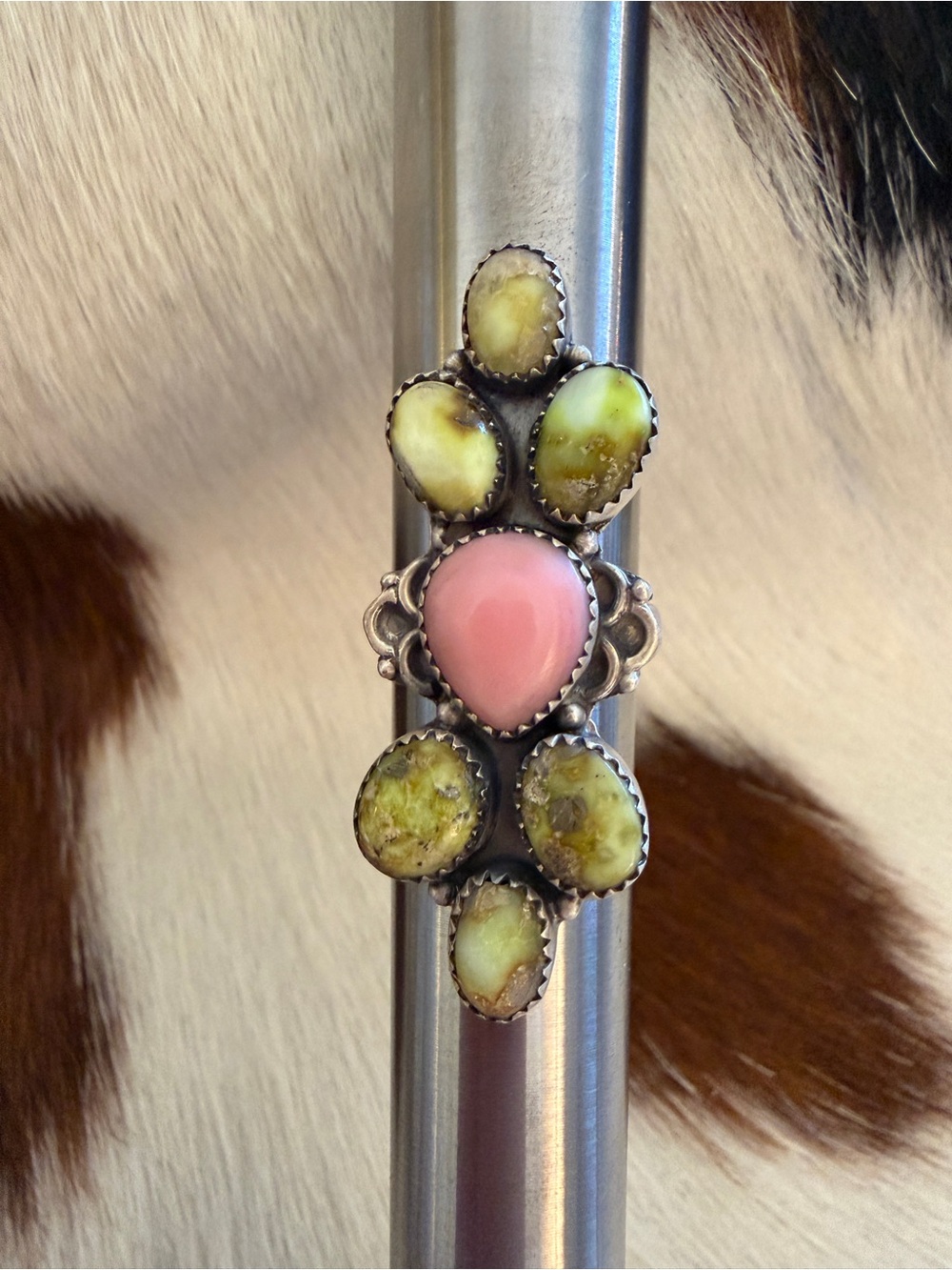 ❤️ Queen Pink Conch Palomino Variscite 925 Navajo Style Crawler Adjustable Ring - Picture 4 of 13